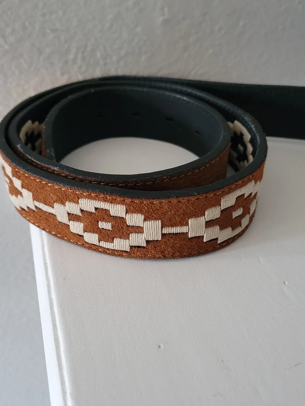 La Matera Men’s Western Style Belt Size 36 Brown Geometric Woven Inlay Leather